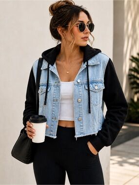 GUESS Denim Jacket Hoodie Combo XL | Cropped Jean Jacket Black Hood Trendy Y2K